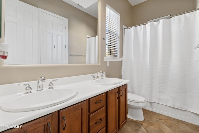 full bathroom with toilet, shower / bath combination with curtain, tile patterned floors, and vanity