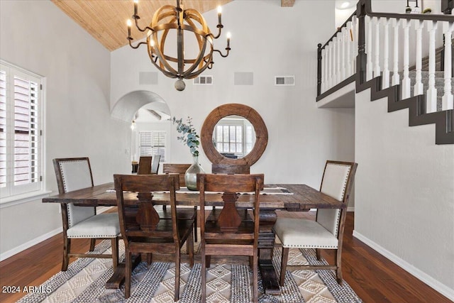 dining area with wood ceiling, plenty of natural light, hardwood / wood-style floors, and high vaulted ceiling