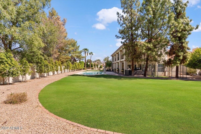 surrounding community with a lawn and a pool