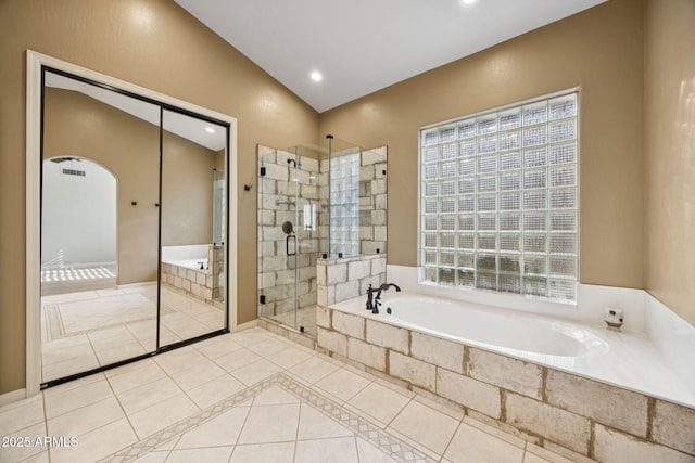 11816 E Terra Dr, Scottsdale, AZ 85259 - full bathroom with tiled shower, a bath, tile patterned floors, and recessed lighting