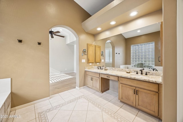 11816 E Terra Dr, Scottsdale, AZ 85259 - bathroom featuring double vanity, a bath, tile patterned floors, recessed lighting, and ceiling fan