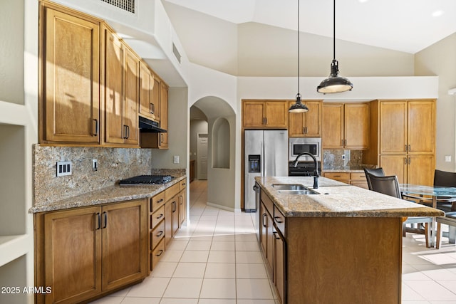 11816 E Terra Dr, Scottsdale, AZ 85259 - kitchen with appliances with stainless steel finishes, under cabinet range hood, light tile patterned flooring, arched walkways, and high vaulted ceiling