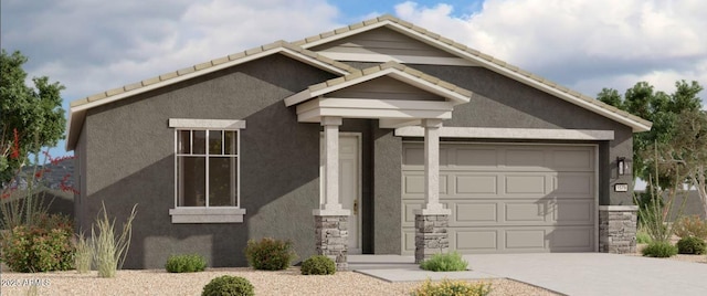 3322 E Valleyhigh Trl, San Tan Valley, AZ 85143 - view of front of home with an attached garage, driveway, stucco siding, stone siding, and a tiled roof