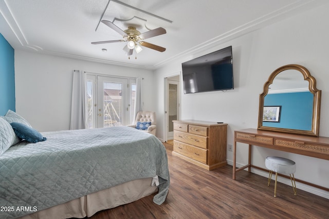 bedroom featuring ceiling fan, baseboards, wood finished floors, and access to outside