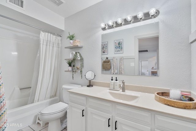 full bath featuring visible vents, shower / bath combination with curtain, toilet, and vanity