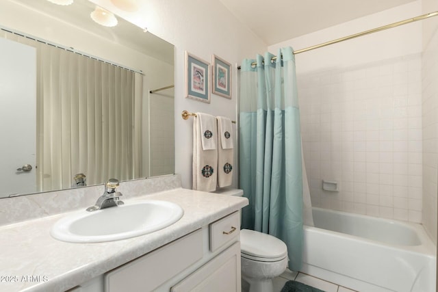 bathroom with shower / bathtub combination with curtain, toilet, and vanity