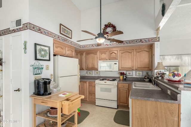 kitchen with white appliances, visible vents, dark countertops, a towering ceiling, and a sink