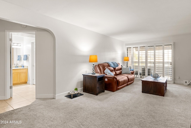 living room with sink and light colored carpet