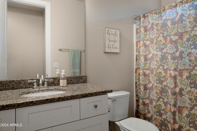 bathroom with vanity, toilet, and a shower with shower curtain