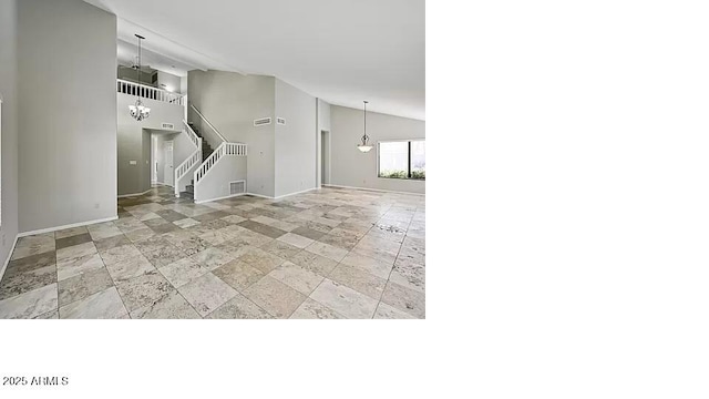 3761 W Kent Dr, Chandler, AZ 85226 - unfurnished living room with stone finish flooring, visible vents, stairway, baseboards, and high vaulted ceiling