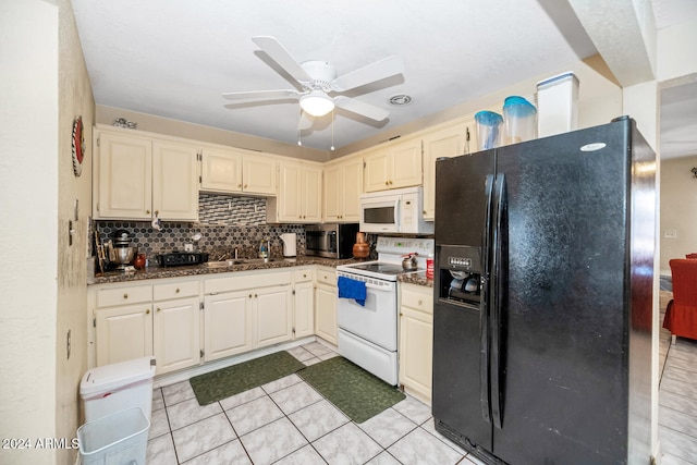 kitchen featuring ceiling fan, sink, white appliances, decorative backsplash, and light tile patterned floors