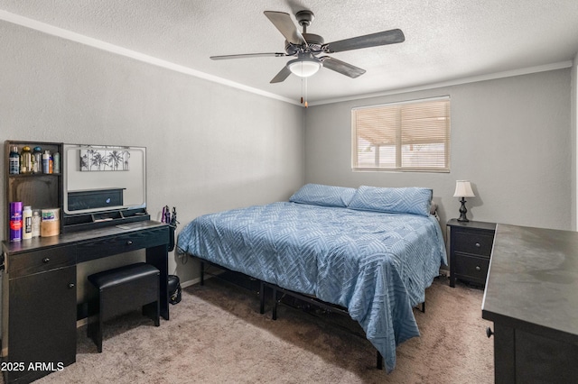 3806 N 64th Dr, Phoenix, AZ 85033 - bedroom with light carpet, ornamental molding, a textured ceiling, and ceiling fan