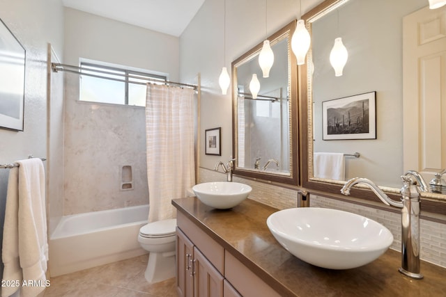 full bath featuring toilet, tile patterned flooring, shower / bath combination with curtain, and double vanity