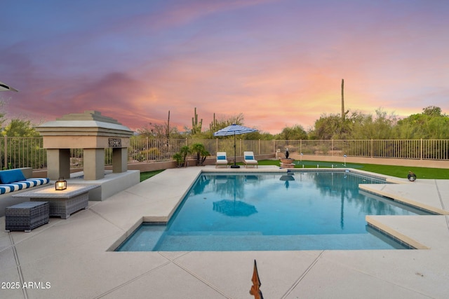 view of pool featuring a patio area, a gazebo, a fenced backyard, and outdoor lounge area