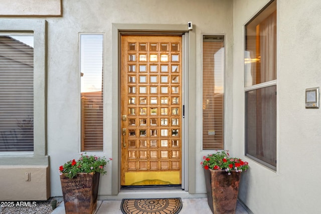 doorway to property with stucco siding