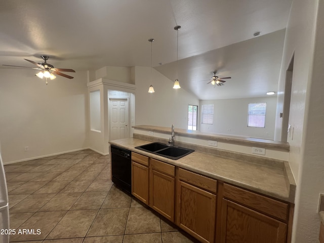 13004 W Saint Moritz Ln, El Mirage, AZ 85335 - kitchen featuring black dishwasher, ceiling fan, light tile patterned floors, pendant lighting, and brown cabinetry
