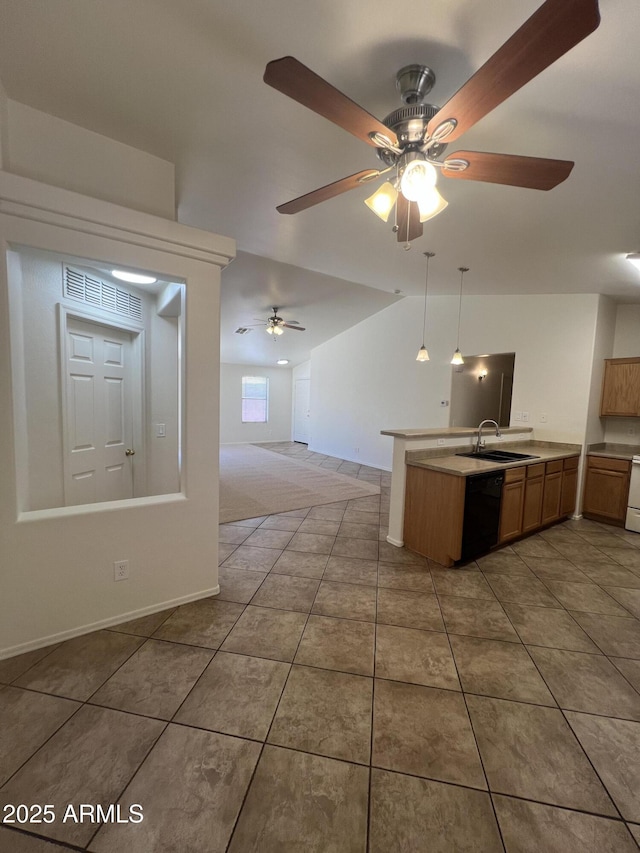13004 W Saint Moritz Ln, El Mirage, AZ 85335 - kitchen with dishwasher, open floor plan, a ceiling fan, a peninsula, and tile patterned floors