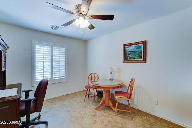 dining space featuring a ceiling fan, visible vents, and baseboards