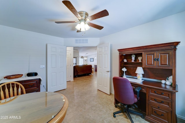 office space with visible vents and ceiling fan