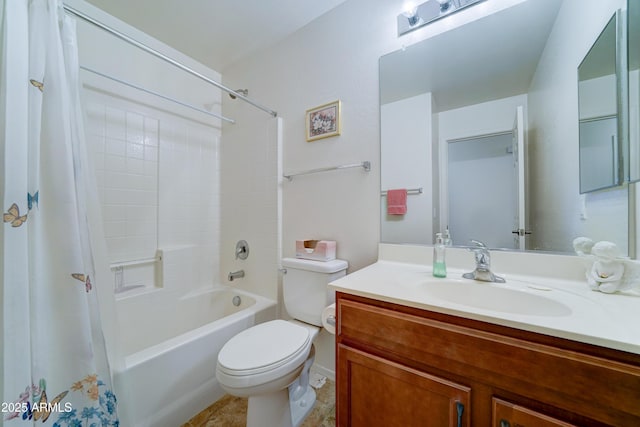 bathroom with vanity, toilet, and shower / tub combo with curtain