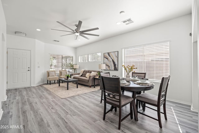 4140 E Claxton Ave, Gilbert, AZ 85297 - dining space featuring a ceiling fan, wood finished floors, recessed lighting, and baseboards