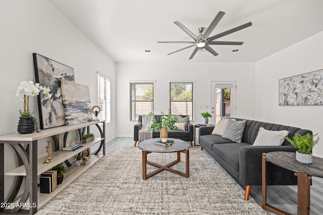 4140 E Claxton Ave, Gilbert, AZ 85297 - living room with ceiling fan, wood finished floors, and baseboards