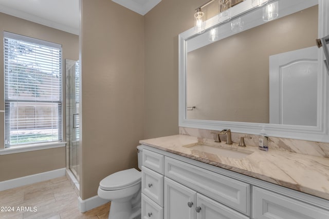 bathroom with plenty of natural light, toilet, a shower with shower door, and vanity