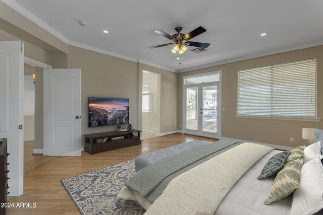 bedroom featuring crown molding, ceiling fan, hardwood / wood-style floors, and access to outside