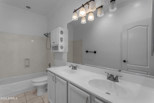 full bathroom with shower / bathtub combination, ornamental molding, vanity, toilet, and tile patterned floors