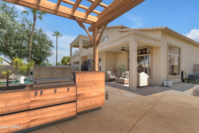 view of patio / terrace with area for grilling, a pergola, an outdoor hangout area, and ceiling fan