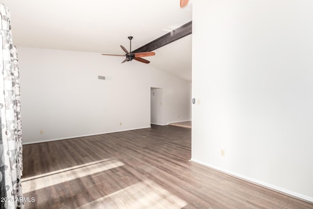 16638 N 46th Ln, Glendale, AZ 85306 - unfurnished living room featuring baseboards, wood finished floors, lofted ceiling with beams, and ceiling fan