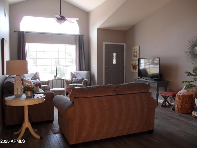 1333 N Higley Rd Unit 7, Mesa, AZ 85205 - living area with vaulted ceiling, dark wood-style floors, and ceiling fan