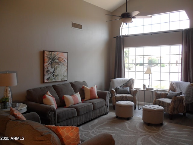1333 N Higley Rd Unit 7, Mesa, AZ 85205 - living room with high vaulted ceiling and ceiling fan