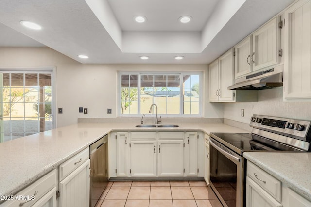 kitchen with a raised ceiling, appliances with stainless steel finishes, white cabinets, a sink, and under cabinet range hood