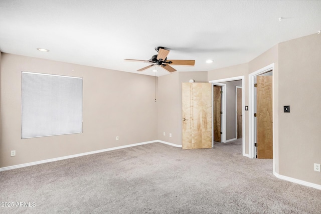 unfurnished bedroom with a ceiling fan, recessed lighting, light carpet, and baseboards