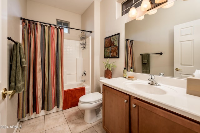 full bathroom with tile patterned flooring, vanity, shower / tub combo, and toilet