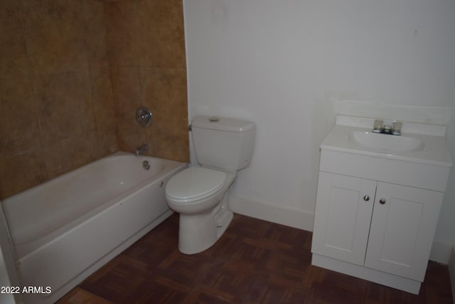 full bathroom with parquet flooring, shower / bathtub combination, toilet, and vanity