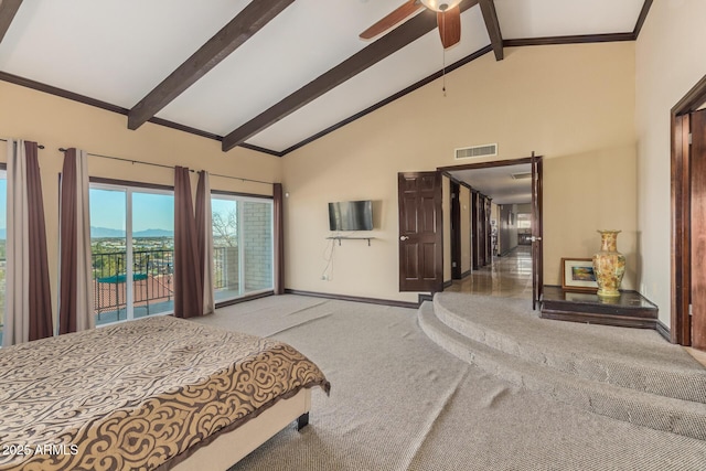 11237 N 15th Ln, Phoenix, AZ 85029 - carpeted bedroom with access to exterior, baseboards, beam ceiling, high vaulted ceiling, and ceiling fan