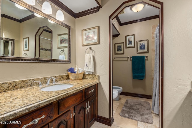 11237 N 15th Ln, Phoenix, AZ 85029 - full bath featuring crown molding, vanity, toilet, a textured wall, and tile patterned flooring