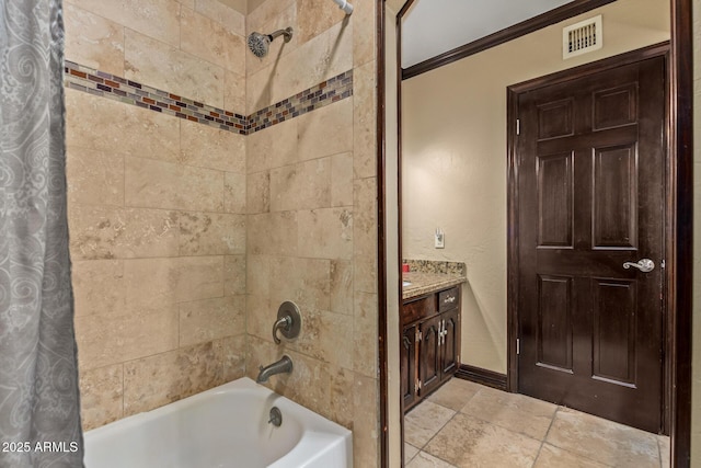 11237 N 15th Ln, Phoenix, AZ 85029 - full bath featuring shower / bath combination with curtain, baseboards, ornamental molding, vanity, and stone finish flooring