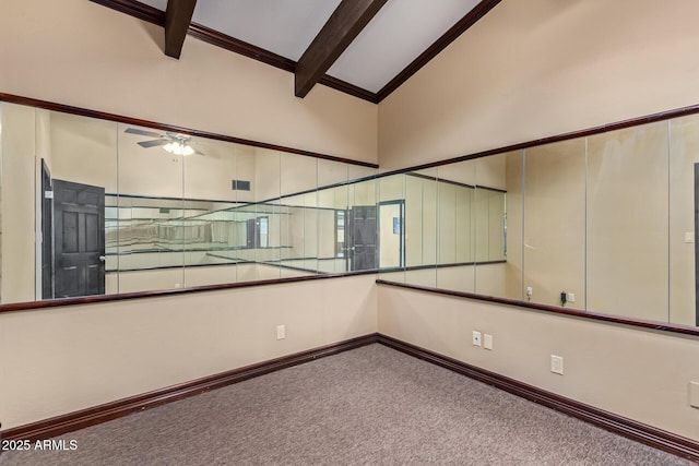 11237 N 15th Ln, Phoenix, AZ 85029 - unfurnished room featuring carpet, beam ceiling, ceiling fan, baseboards, and high vaulted ceiling