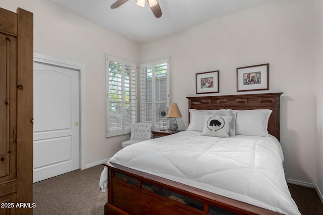 carpeted bedroom with baseboards and a ceiling fan