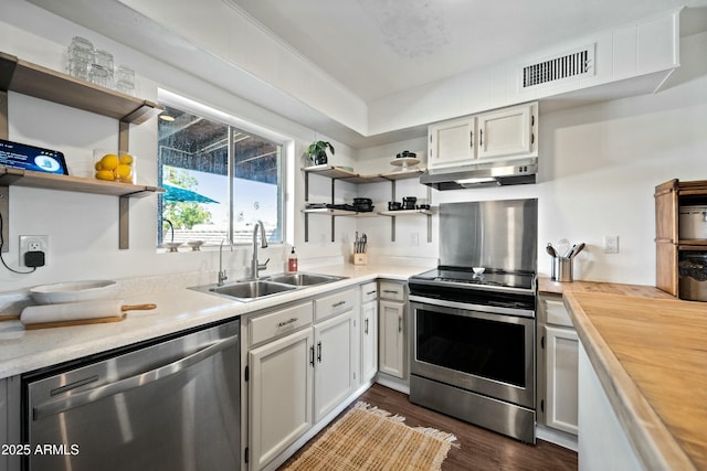 kitchen with under cabinet range hood, a sink, visible vents, appliances with stainless steel finishes, and open shelves