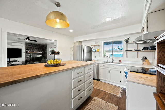 kitchen with a sink, wooden counters, appliances with stainless steel finishes, dark wood-style floors, and open shelves