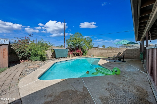 view of swimming pool featuring a fenced backyard, a fenced in pool, and a patio