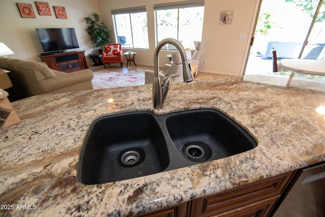 room details featuring light stone counters, a sink, and baseboards