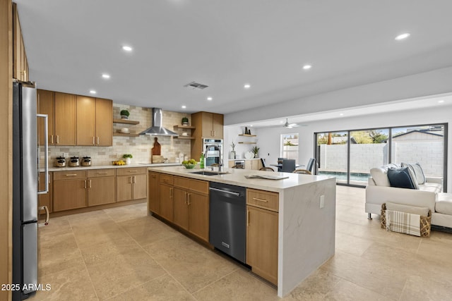 kitchen featuring open shelves, appliances with stainless steel finishes, wall chimney exhaust hood, open floor plan, and visible vents