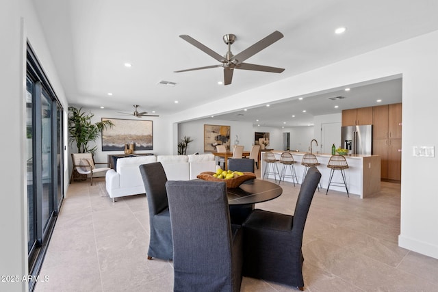 dining room featuring visible vents, recessed lighting, and a ceiling fan
