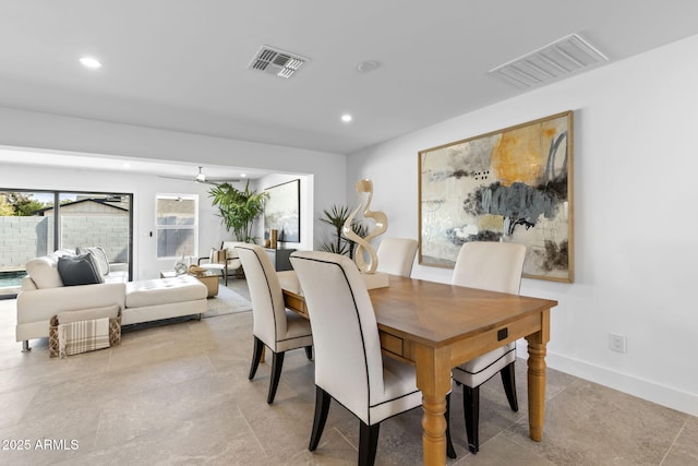 dining space with visible vents, recessed lighting, and baseboards