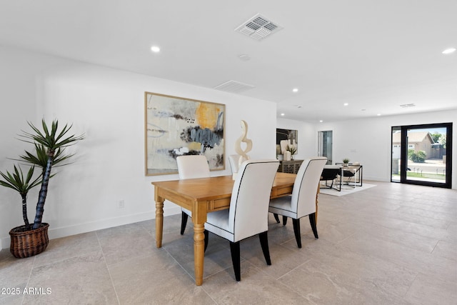 dining room with recessed lighting, baseboards, and visible vents